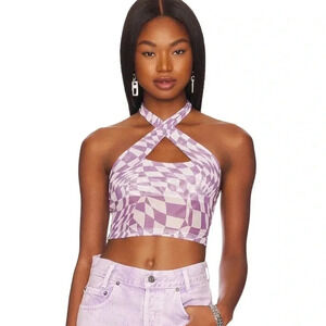 NWT Superdown Moira Crossover Halter top shirt Purple White check XS Revolve